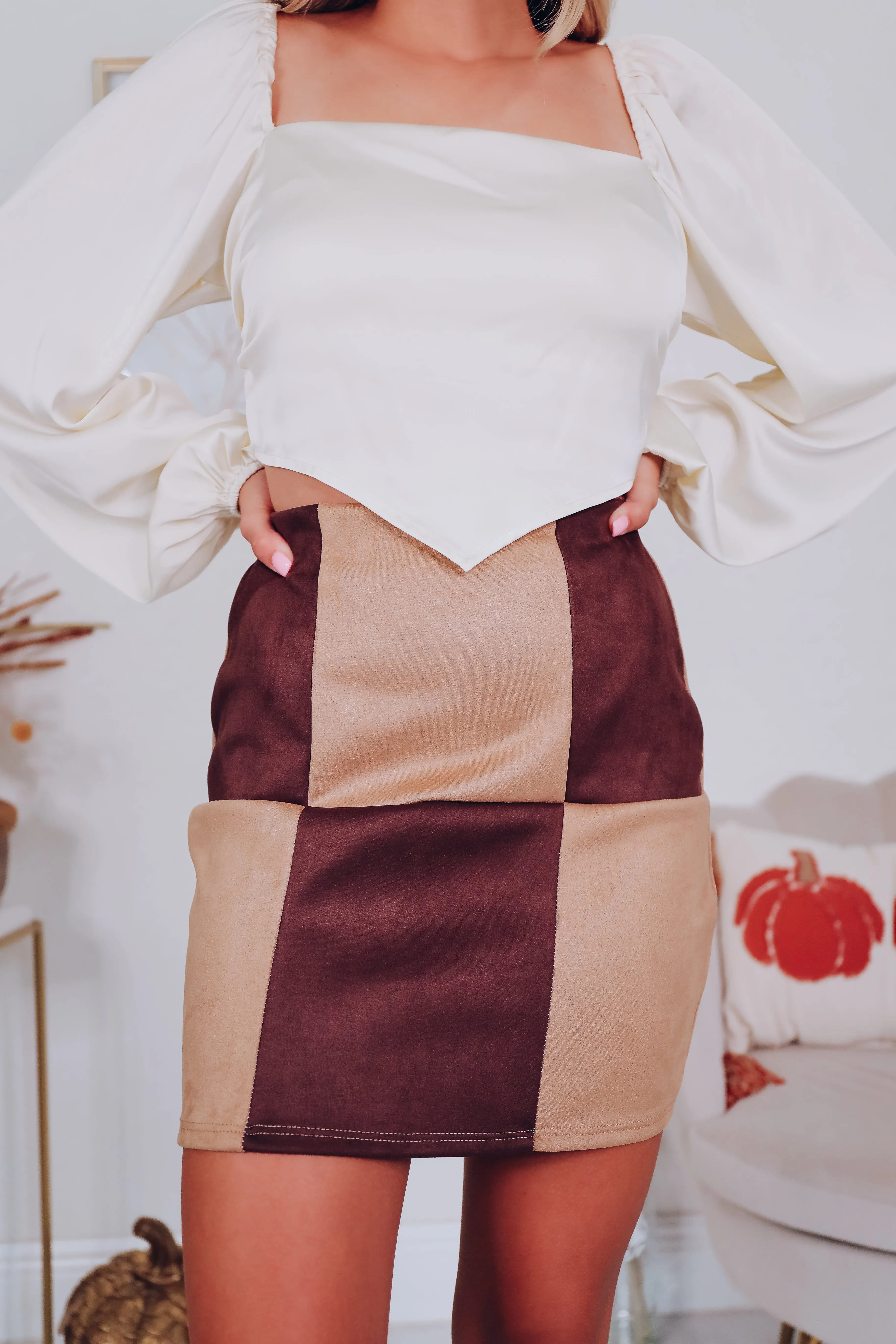 Ciri Color Block Faux Suede Skirt - Chocolate