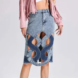 Colorblock Casual Denim Skirts For Women High Waist Spliced Button Hollow Out Streetwear A Line Skirt Female Fashion Style