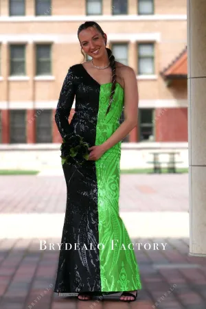 Custom Split Color Sequin One Shoulder Mermaid Prom Dress