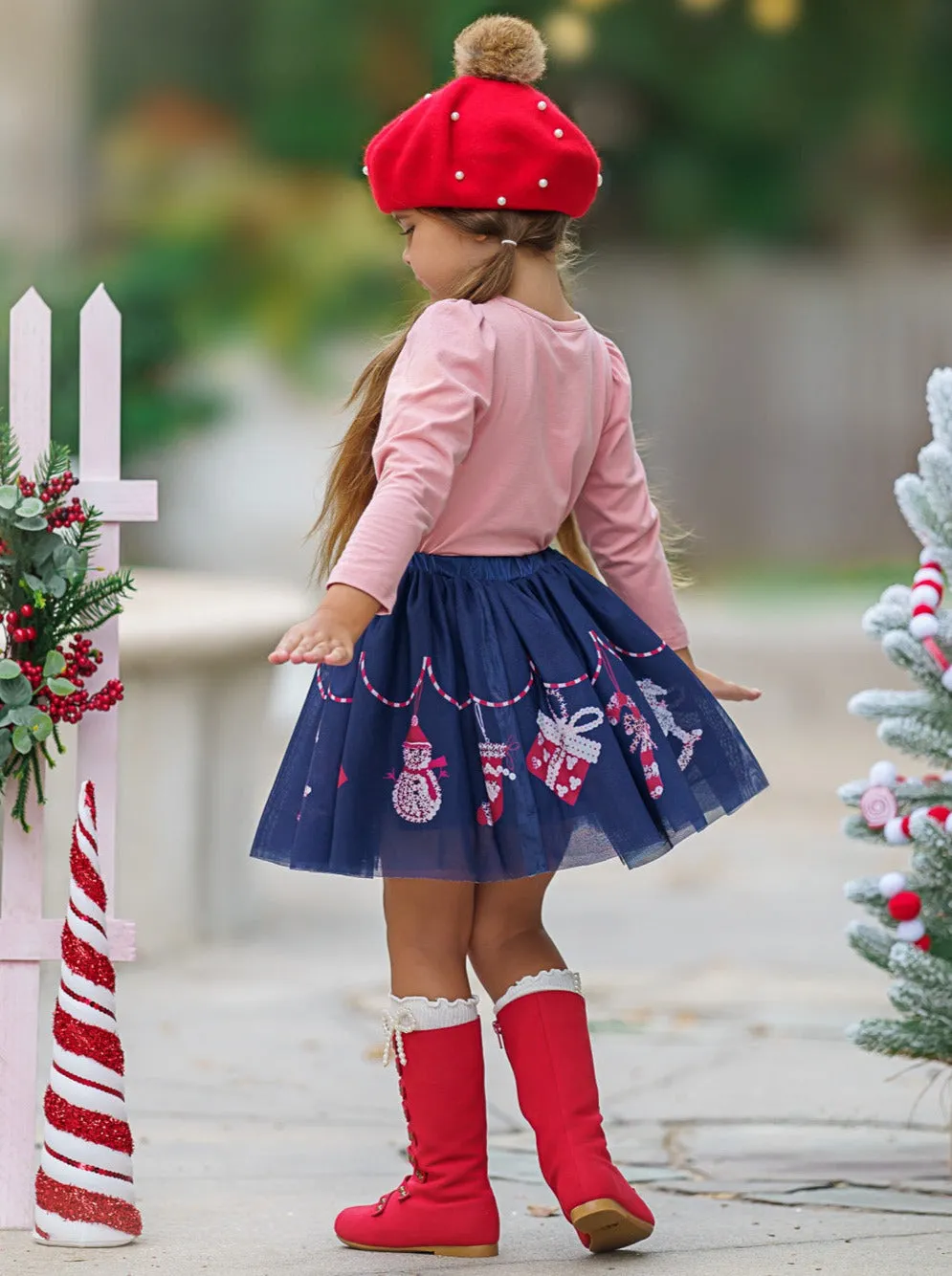 Cutest Cookie Ruffle Top And Christmas Print Skirt Set