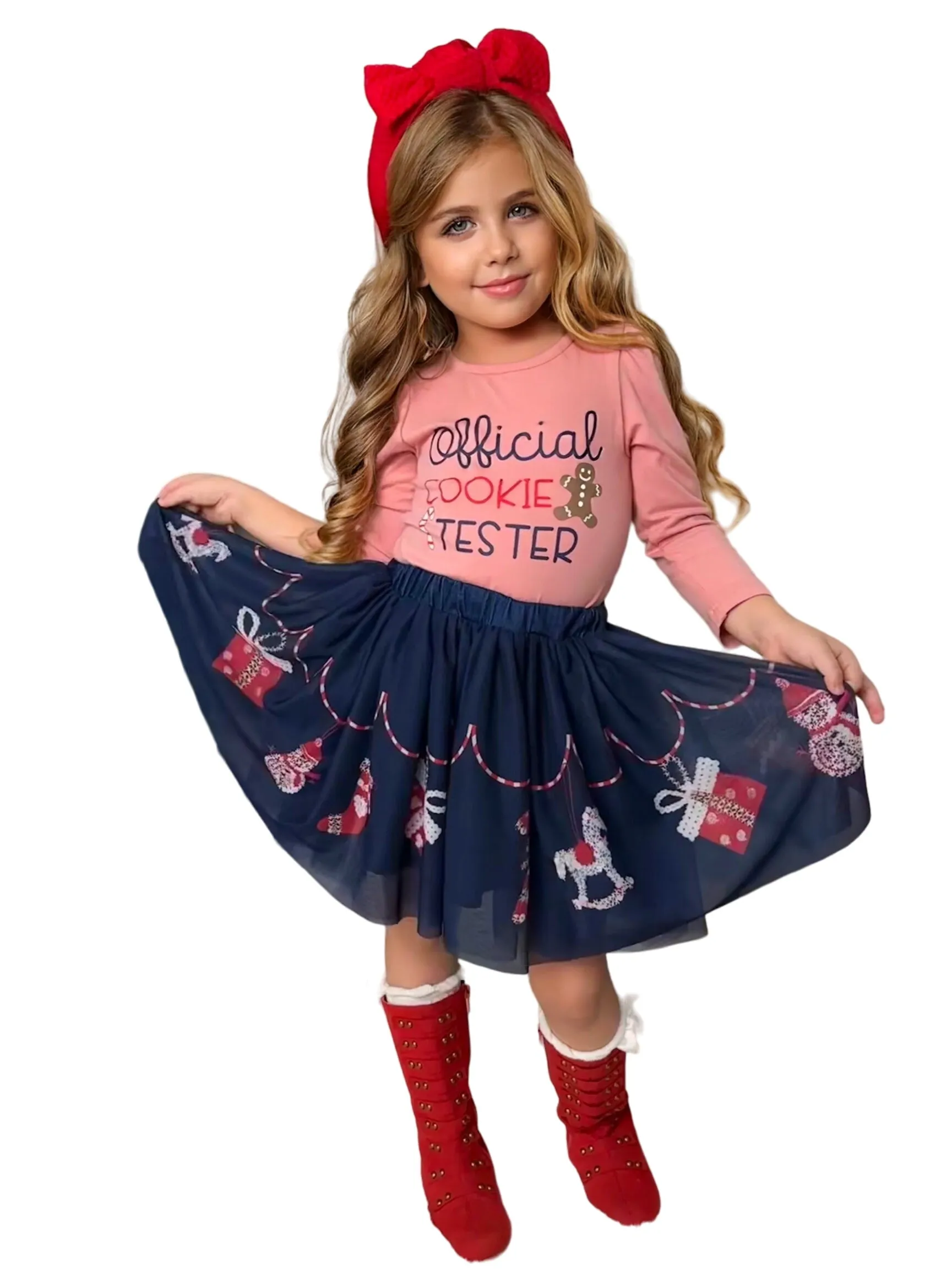 Cutest Cookie Ruffle Top And Christmas Print Skirt Set