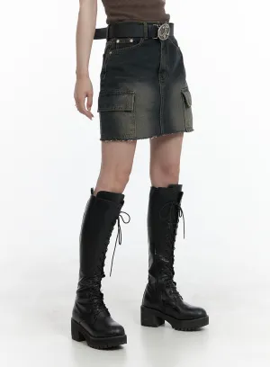 Destroyed Hem Cargo Denim Mini Skirt CA402