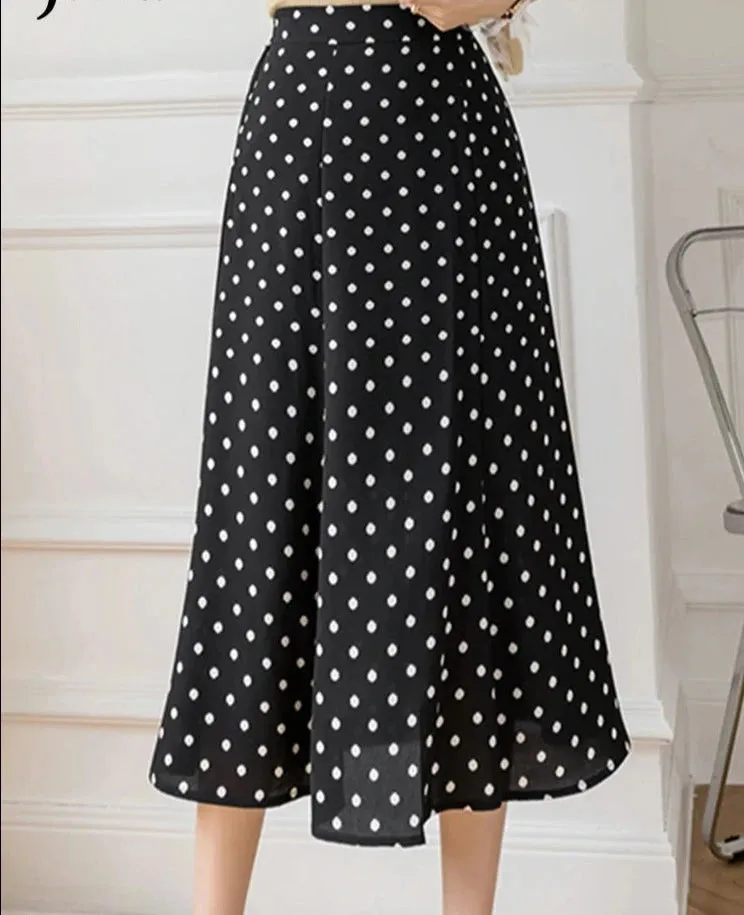 Dot A-line Midi Skirt High Waist Slight Stretch Casual Printed Women Skirts Summer Vacation Female Streetwear Outfits