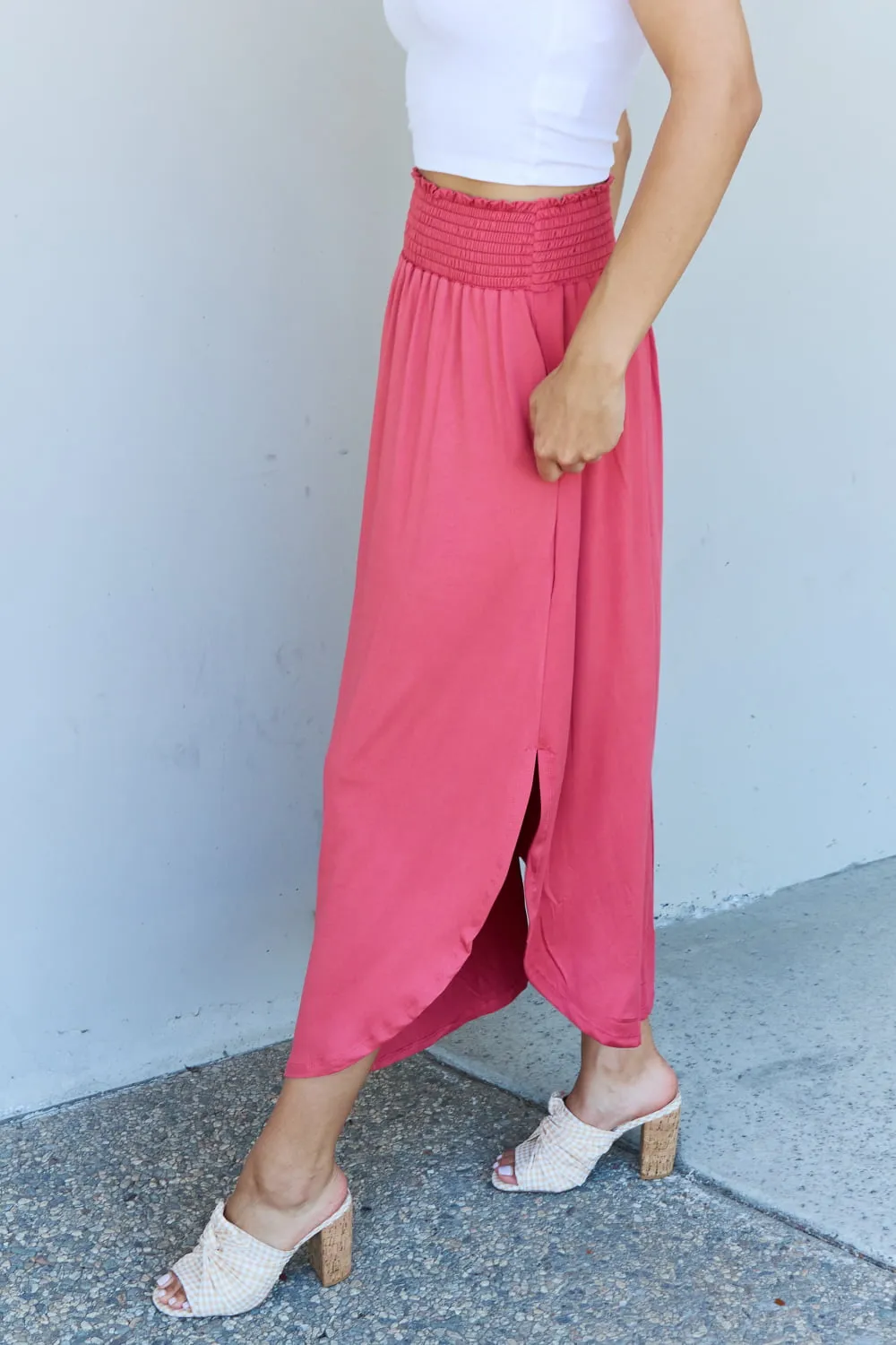 Doublju Comfort Princess Full Size High Waist Scoop Hem Maxi Skirt in Hot Pink