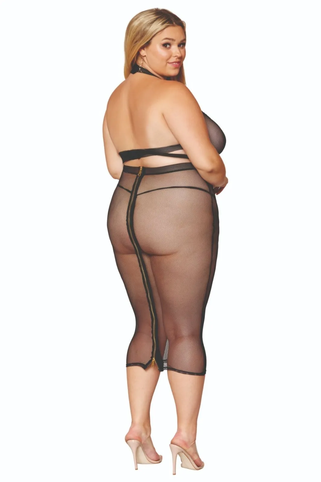 Edgy Curvy Stretch Fishnet Skirt Lingerie Combo