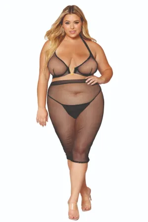 Edgy Curvy Stretch Fishnet Skirt Lingerie Combo