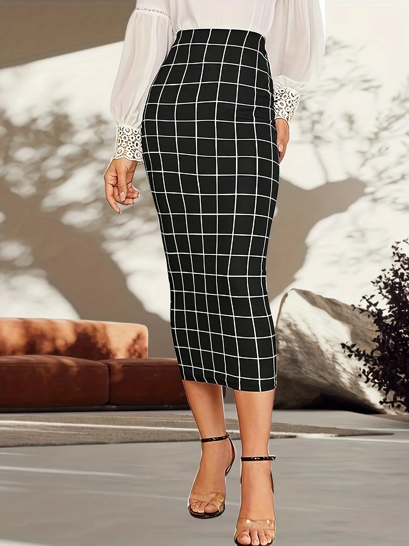 Elegant Plaid Stretch Maxi Skirt – Women's All-Season Bodycon with Easy Care, Comfort Knit