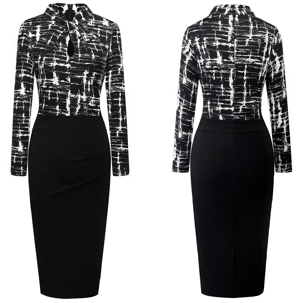 Elegant temperament intellectual dress retro hollow stand collar hit color OL office slim bag hip pencil skirt