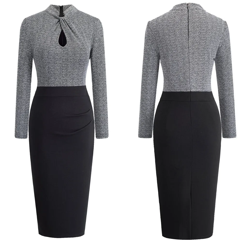 Elegant temperament intellectual dress retro hollow stand collar hit color OL office slim bag hip pencil skirt