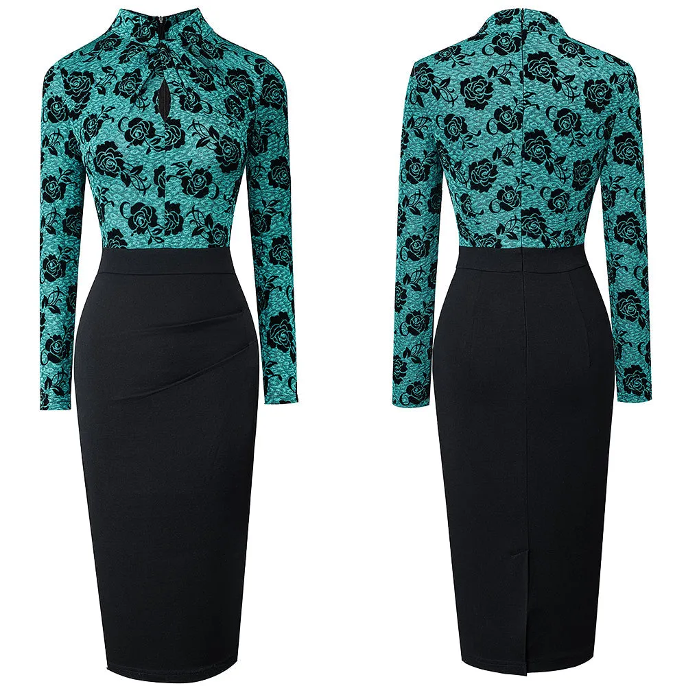 Elegant temperament intellectual dress retro hollow stand collar hit color OL office slim bag hip pencil skirt