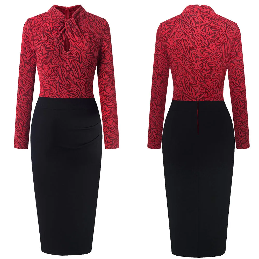 Elegant temperament intellectual dress retro hollow stand collar hit color OL office slim bag hip pencil skirt