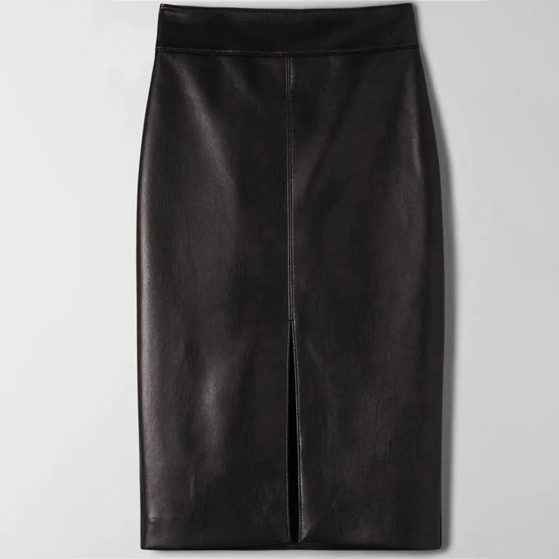 Faux Leather Front Slit Sophisticated Pencil Skirts