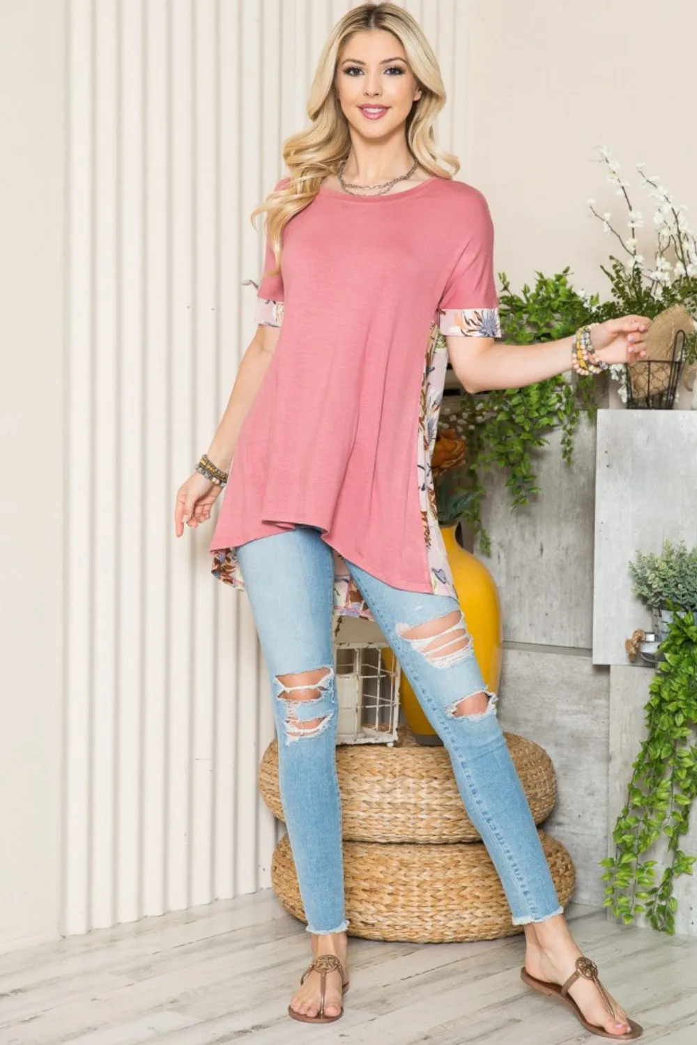 Full Size Flower Color Block Cross Back T-Shirt