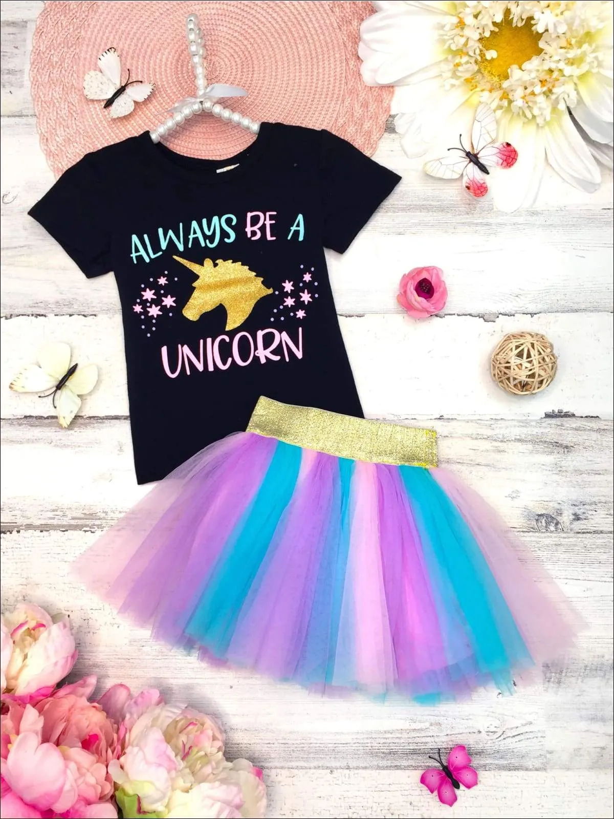 Girls "Always Be a Unicorn" Top & Multicolor Tutu Skirt Set