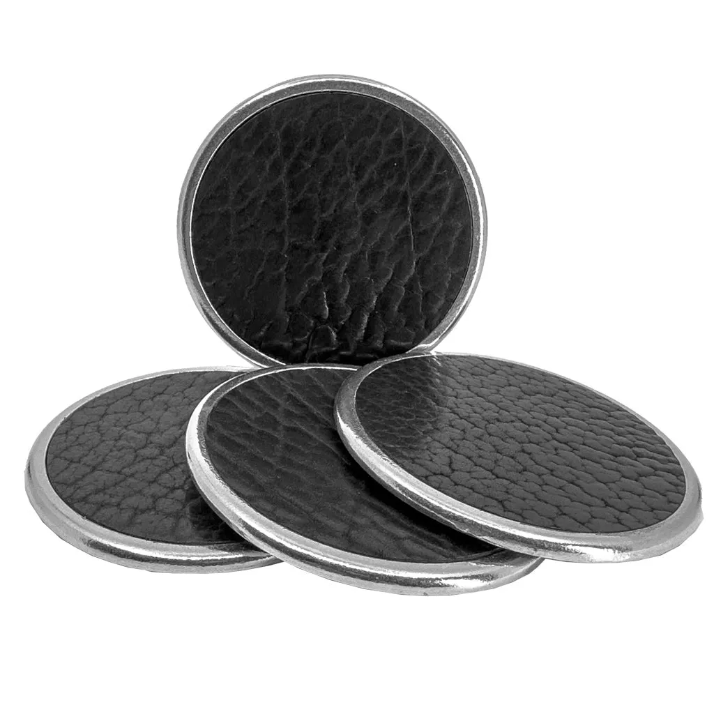 Glazed Bison Black Leather & Metal Deluxe Coaster Set