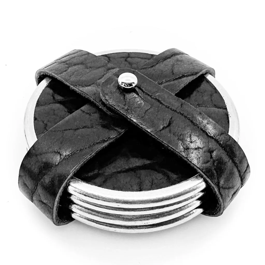 Glazed Bison Black Leather & Metal Deluxe Coaster Set