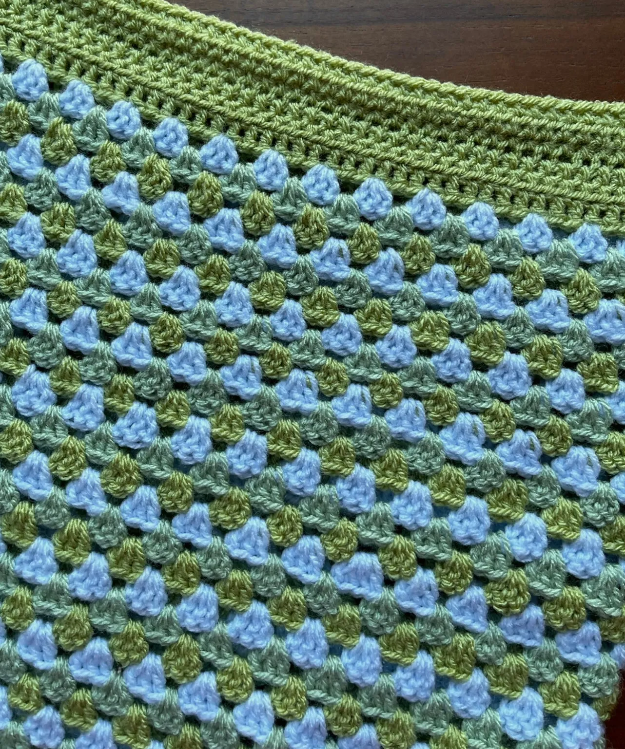 Handmade retro crochet mini skirt in baby blue and green