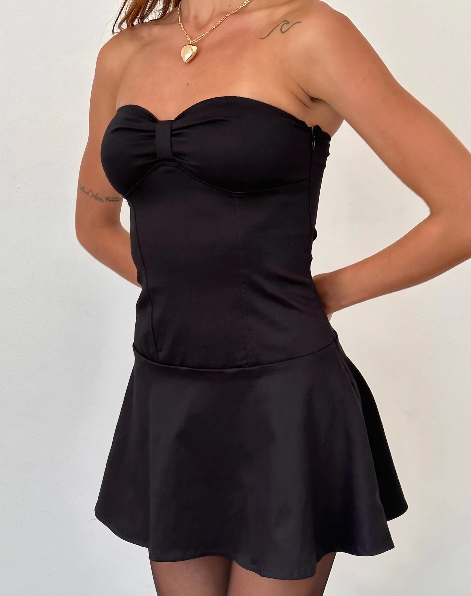 Javas Bandeau Mini Dress in Black Sateen