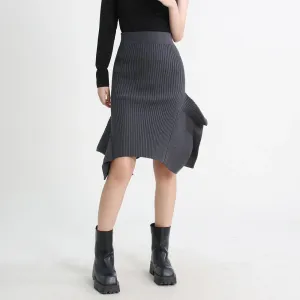 Knitting Ruffle Trim Midi Skirt For Women High Waist Solid Minimalsit Asymmetrical Casual Long Skirts Female