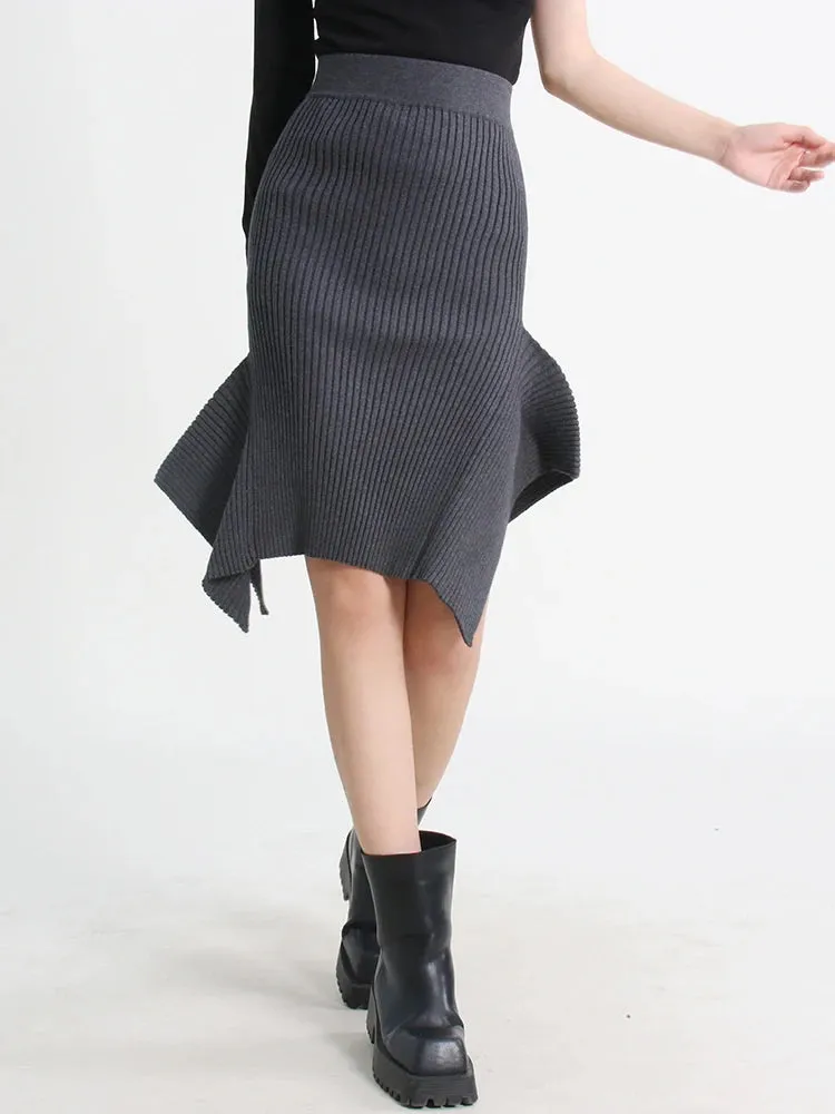 Knitting Ruffle Trim Midi Skirt For Women High Waist Solid Minimalsit Asymmetrical Casual Long Skirts Female