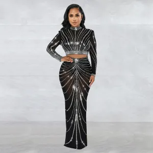 LVSANW 2024 Long Sleeve Mesh Maxi Bodycon Elegant Party Sparkly Rhinestone For Birthday Dress Sexy Club Two Piece Sets Womens Outifits