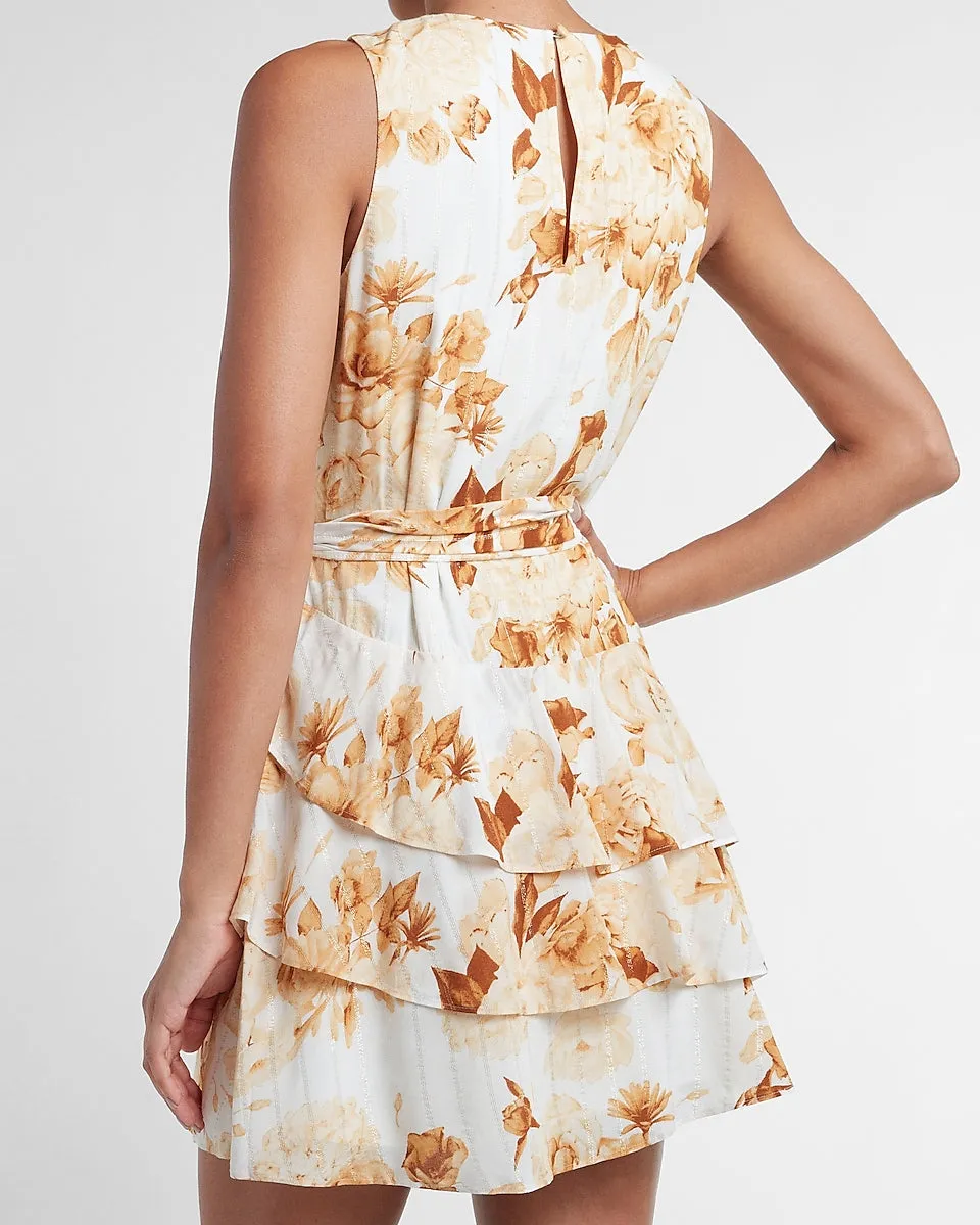 Metallic Floral Tiered Ruffle Fit And Flare Dress in Yellow Print