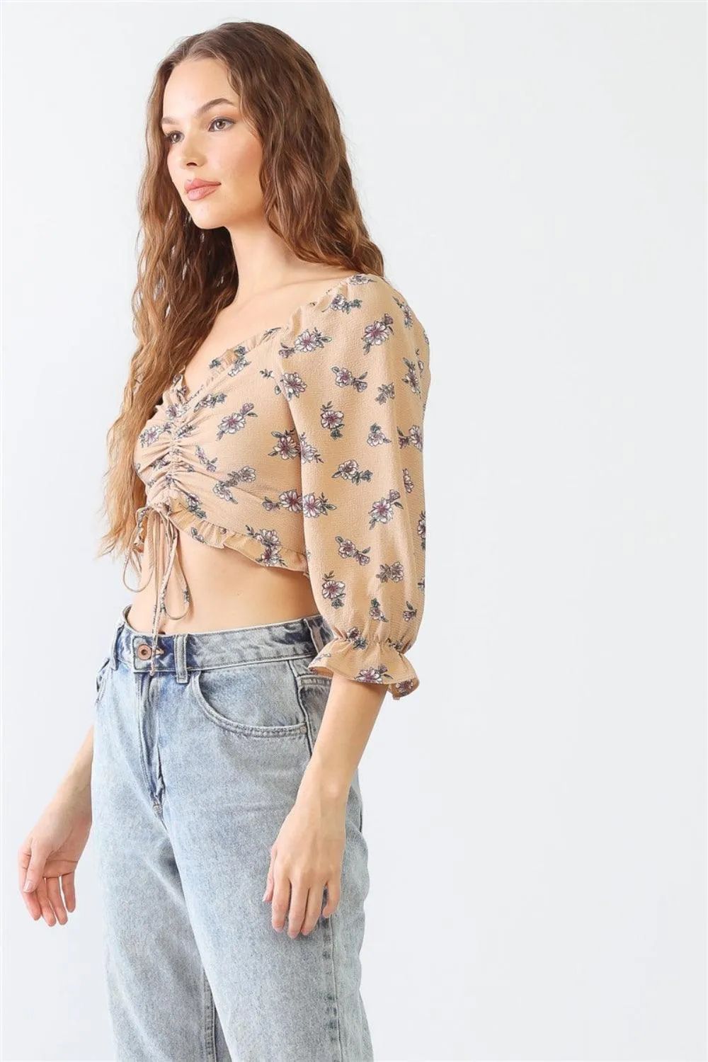 Miss Love / Kevin Co. Floral Ruffle Smocked Back Ruched Crop Top