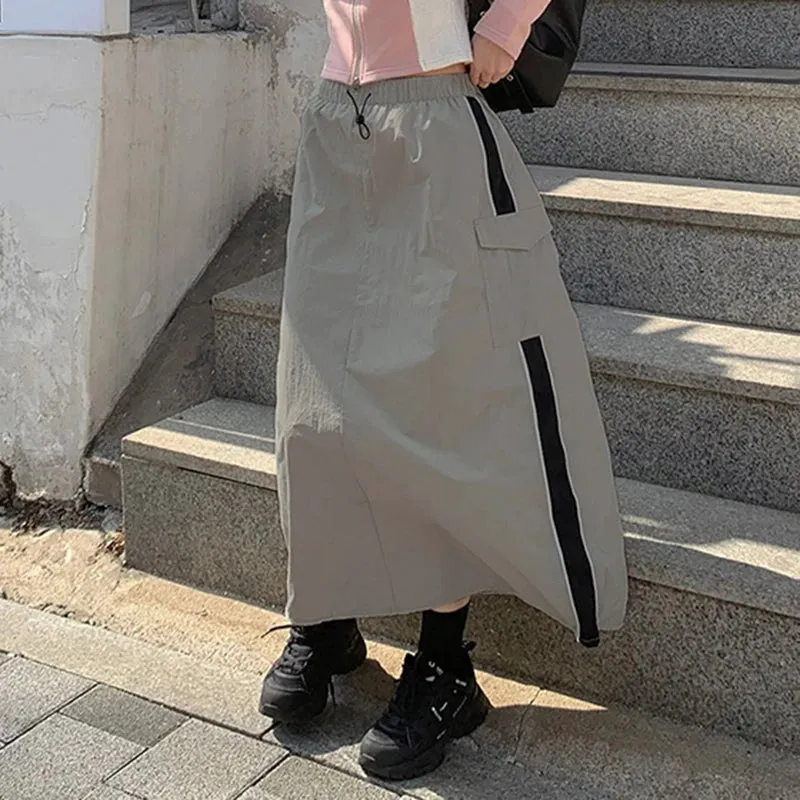 orpcore Casual Tech Stripe Cargo Skirt Women Harajuku Stitching Straight Long Skirt Pockets Loose Elastic Waist