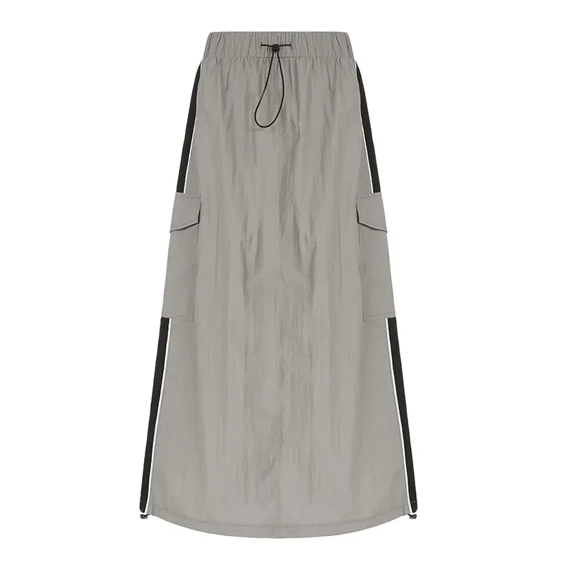 orpcore Casual Tech Stripe Cargo Skirt Women Harajuku Stitching Straight Long Skirt Pockets Loose Elastic Waist