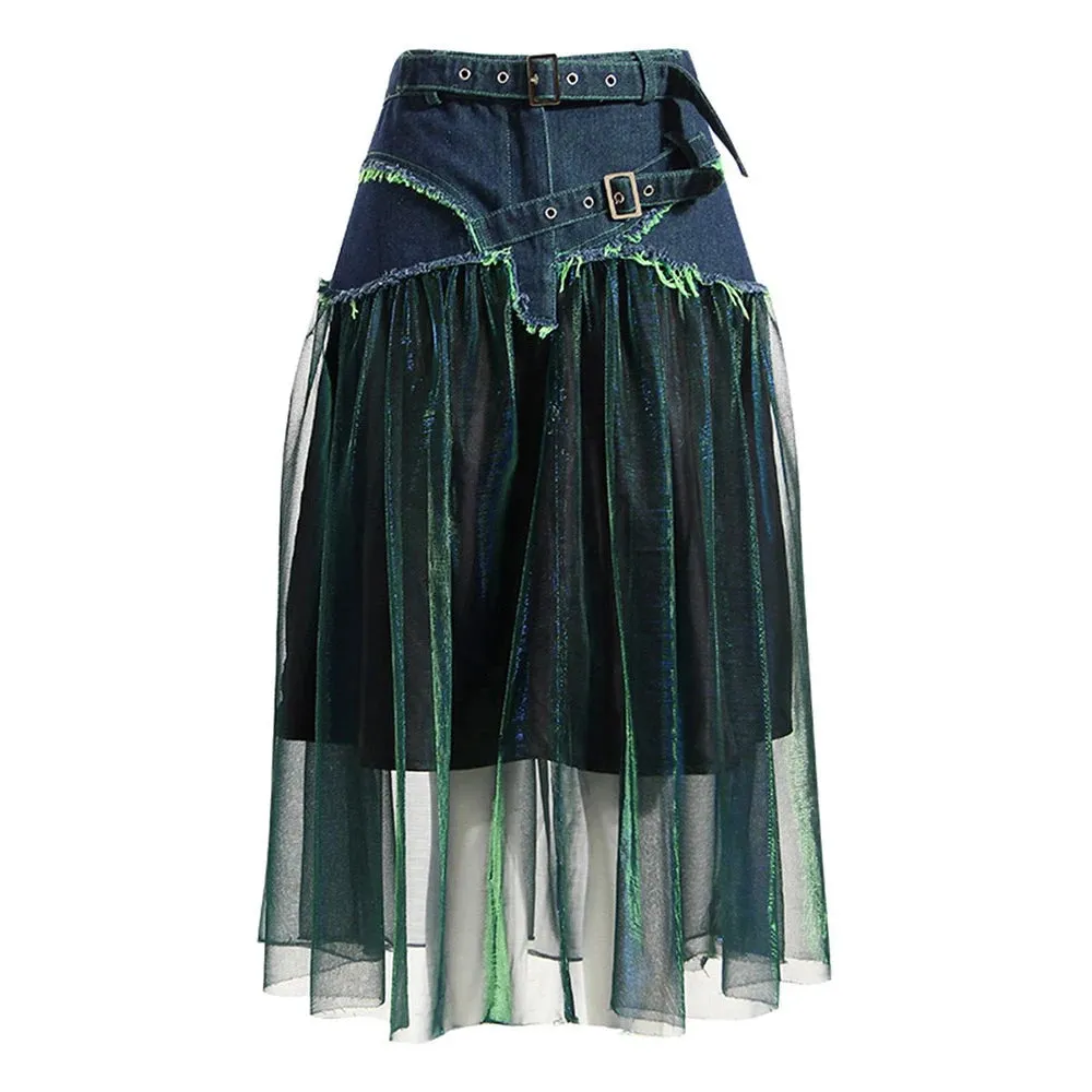 Patchwork Denim Casual A Line Skirts For Women High Waist Spliced Sheer Mesh Vintage Fashion Loose Skirt Female Clothing