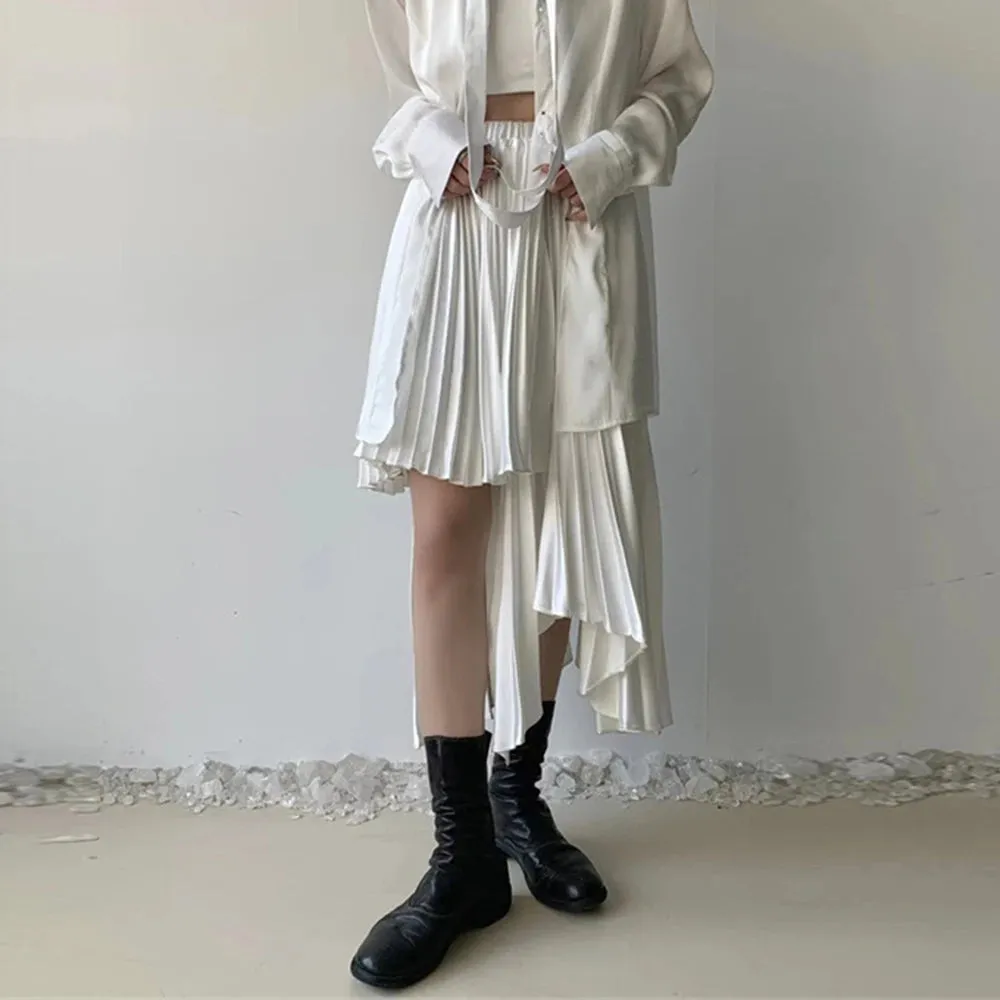 Patchwork Pleated Skirts For Women High Waist Loose Solid Casual Irregular Temperament A Line Skirt Female Fashion