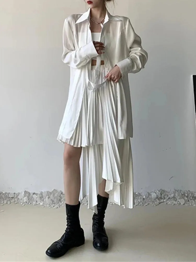 Patchwork Pleated Skirts For Women High Waist Loose Solid Casual Irregular Temperament A Line Skirt Female Fashion