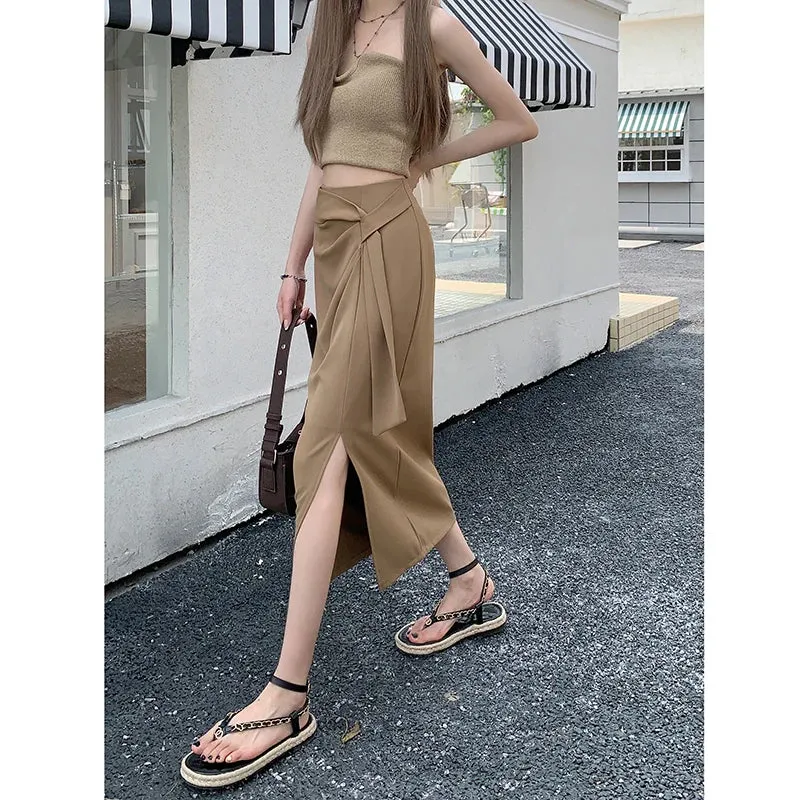 Pleated Irregular A-line Women Midi Skirts Solid Color Split Lace-up Black Casual Elegant Office Ladies Summer Skirt