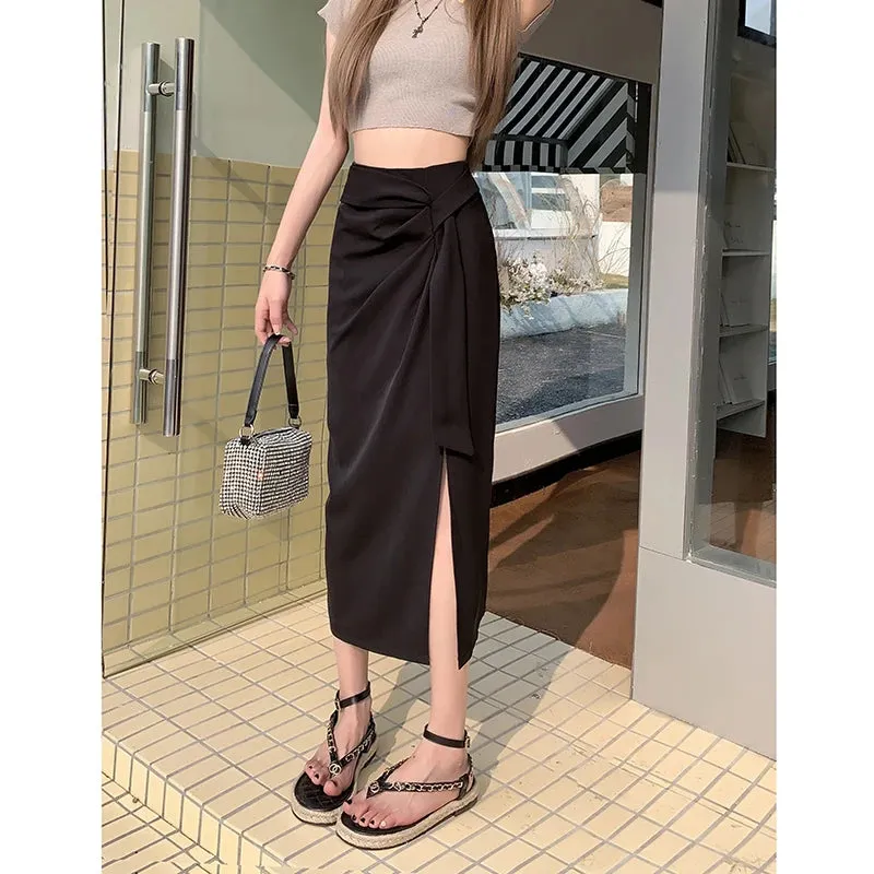 Pleated Irregular A-line Women Midi Skirts Solid Color Split Lace-up Black Casual Elegant Office Ladies Summer Skirt