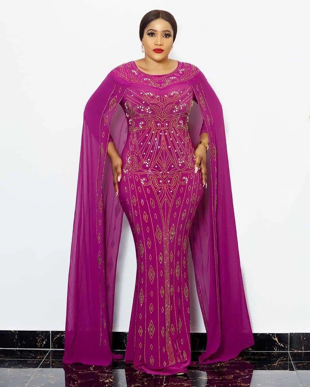 Plus Size African Dress Elegant Chiffon Long Sleeve Heavy Embroidery Drilling Bubble Beads Sheath Fishtail Stretch