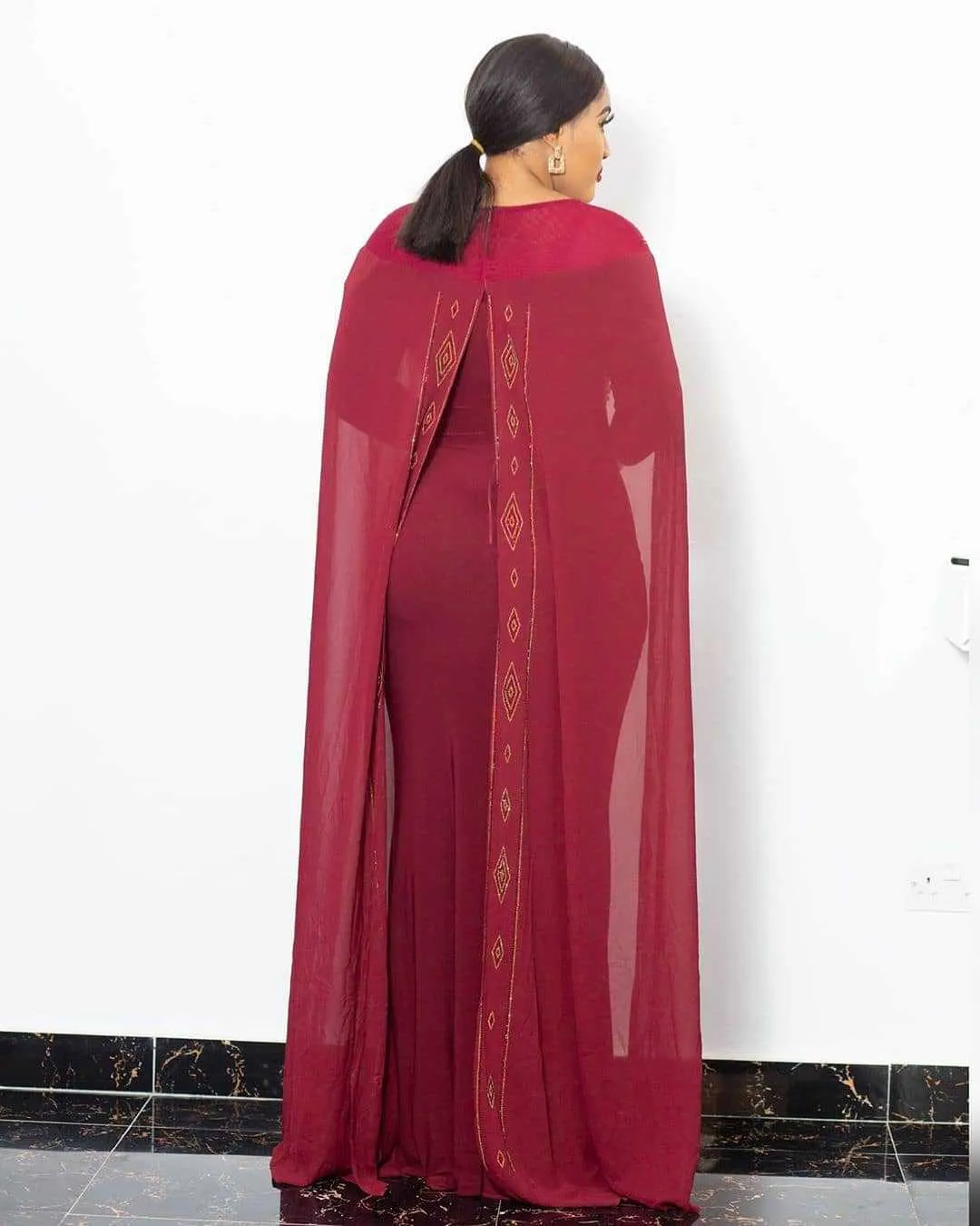 Plus Size African Dress Elegant Chiffon Long Sleeve Heavy Embroidery Drilling Bubble Beads Sheath Fishtail Stretch