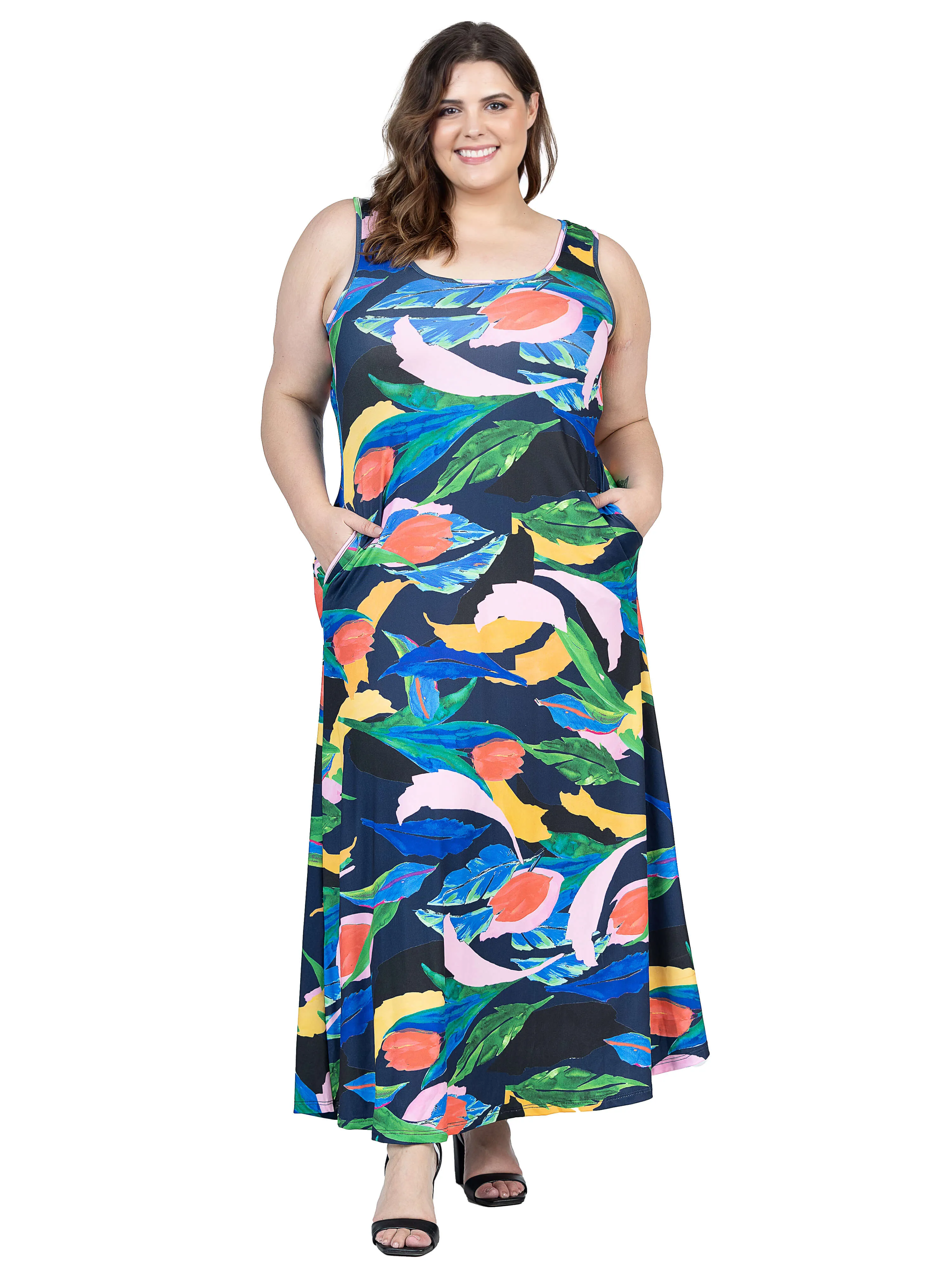 Plus Size Teal Floral Print Sleeveless Casual Maxi Dress With Pockets