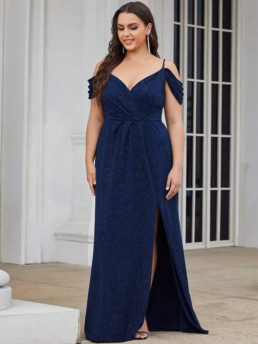 Plus Size V-Neck Cold Shoulder Floor-Length Evening Dress