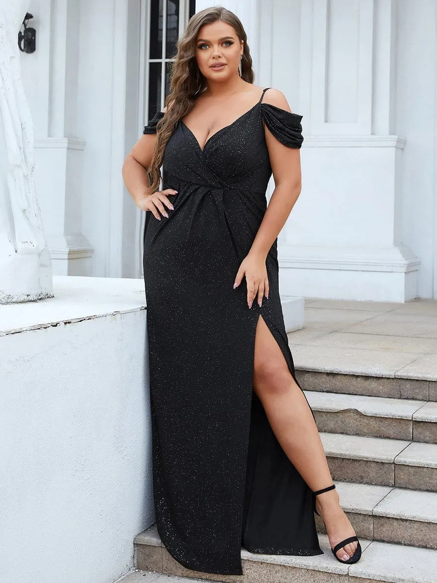 Plus Size V-Neck Cold Shoulder Floor-Length Evening Dress