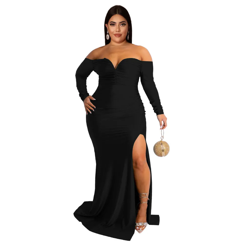 Plus Size Women Clothes Sexy Dress Nightclub V neck Formal Dress Solid Color Split Maxi Dress Autumn Winter High Split