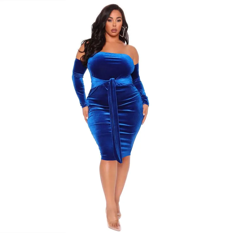 Plus Size Women Sexy off-Shoulder Solid Color  Dress Bandage Nightclub Skirt