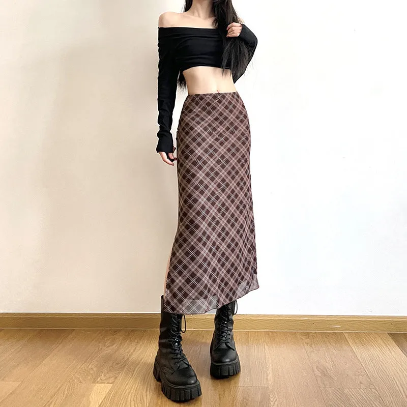 Preppy Style Retro Plaid Printed All-matching Slim Fit High Waist Slit Skirt