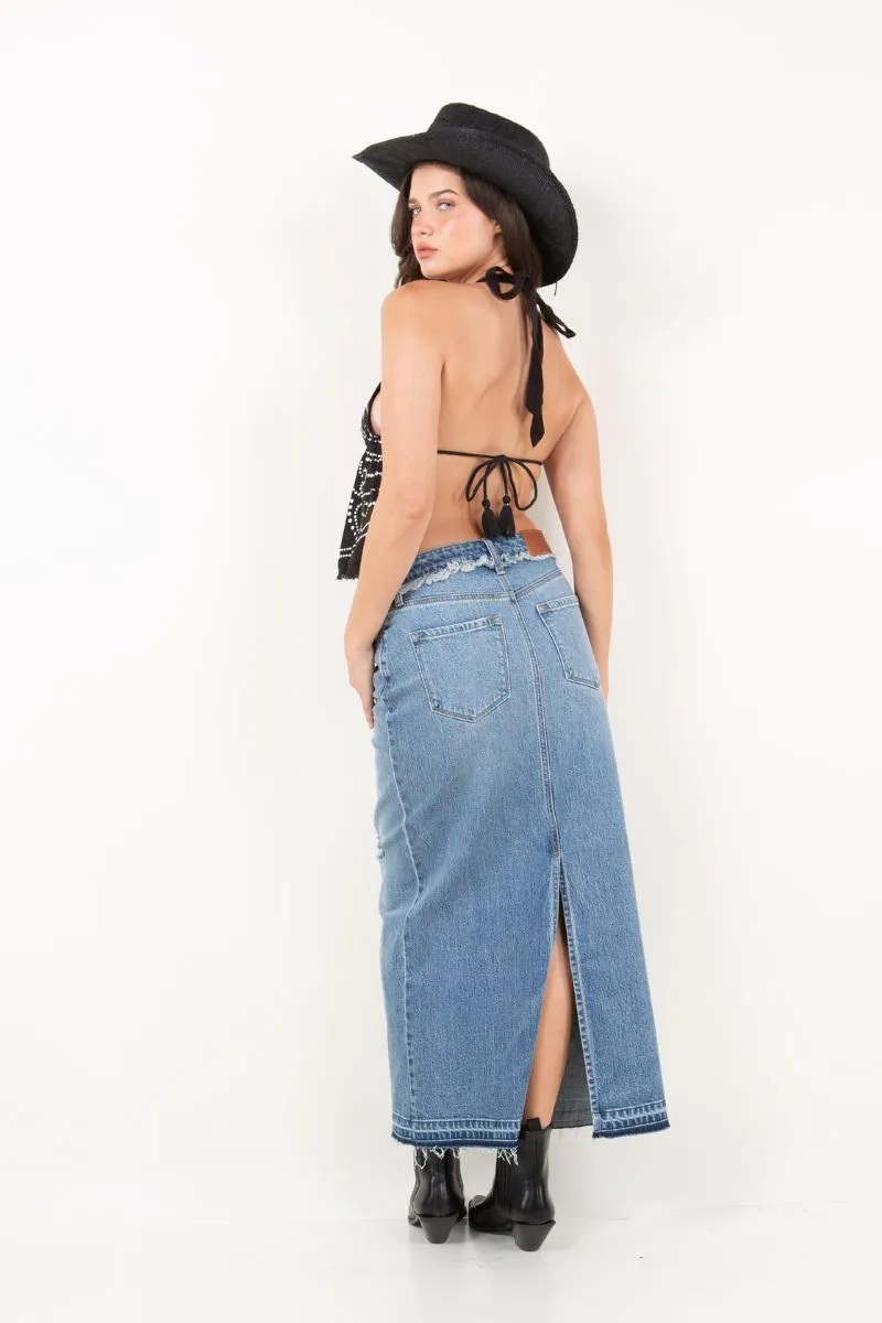 Raven Denim Maxi Skirt Frayed Waistband w/ Slit Detail