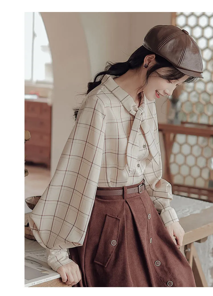 Retro Academia Plaid Shirt Skirt Set