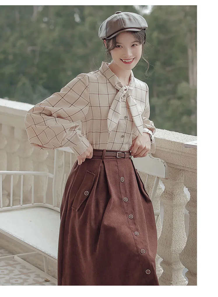 Retro Academia Plaid Shirt Skirt Set