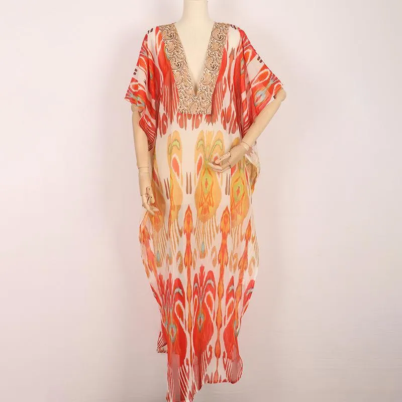 Retro Printed Bat Sleeve V-neck Holiday Bohemian Loose Dress