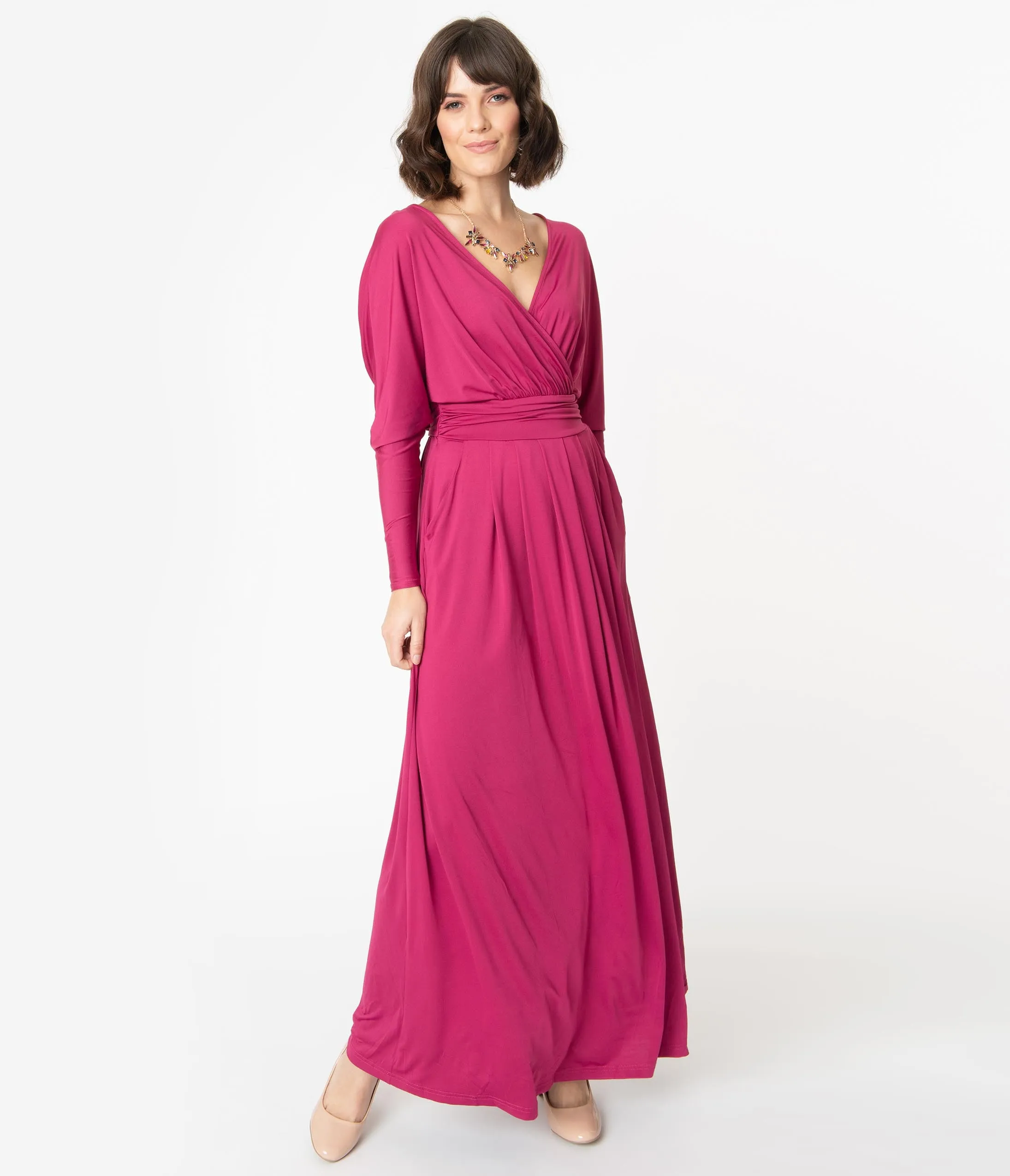 Retro Style Magenta Long Sleeve Maxi Dress