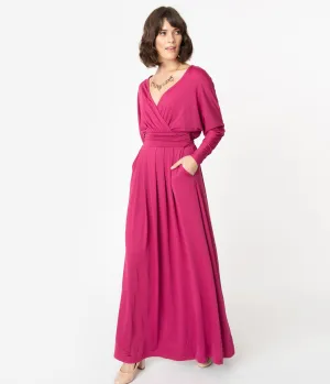 Retro Style Magenta Long Sleeve Maxi Dress