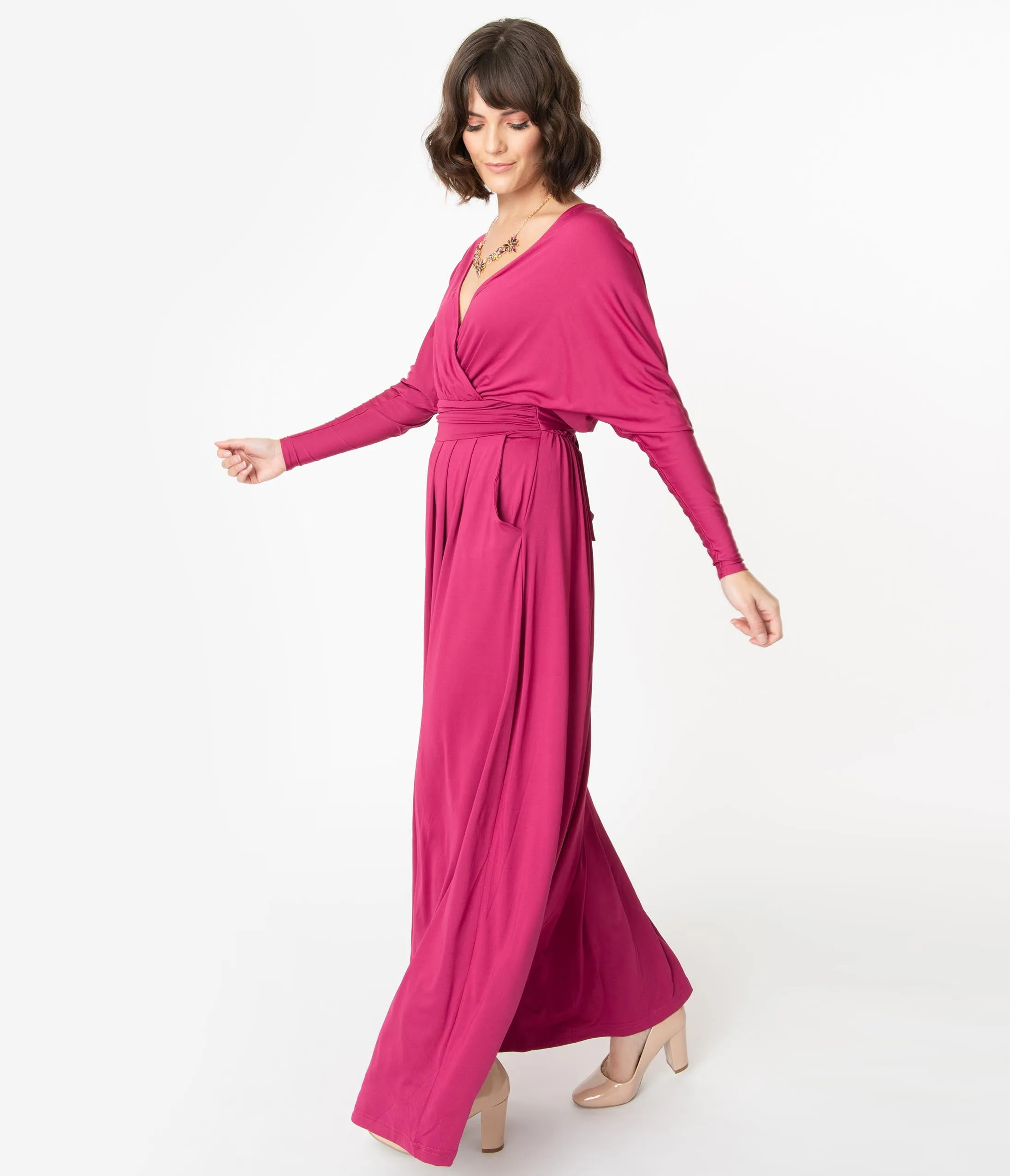 Retro Style Magenta Long Sleeve Maxi Dress