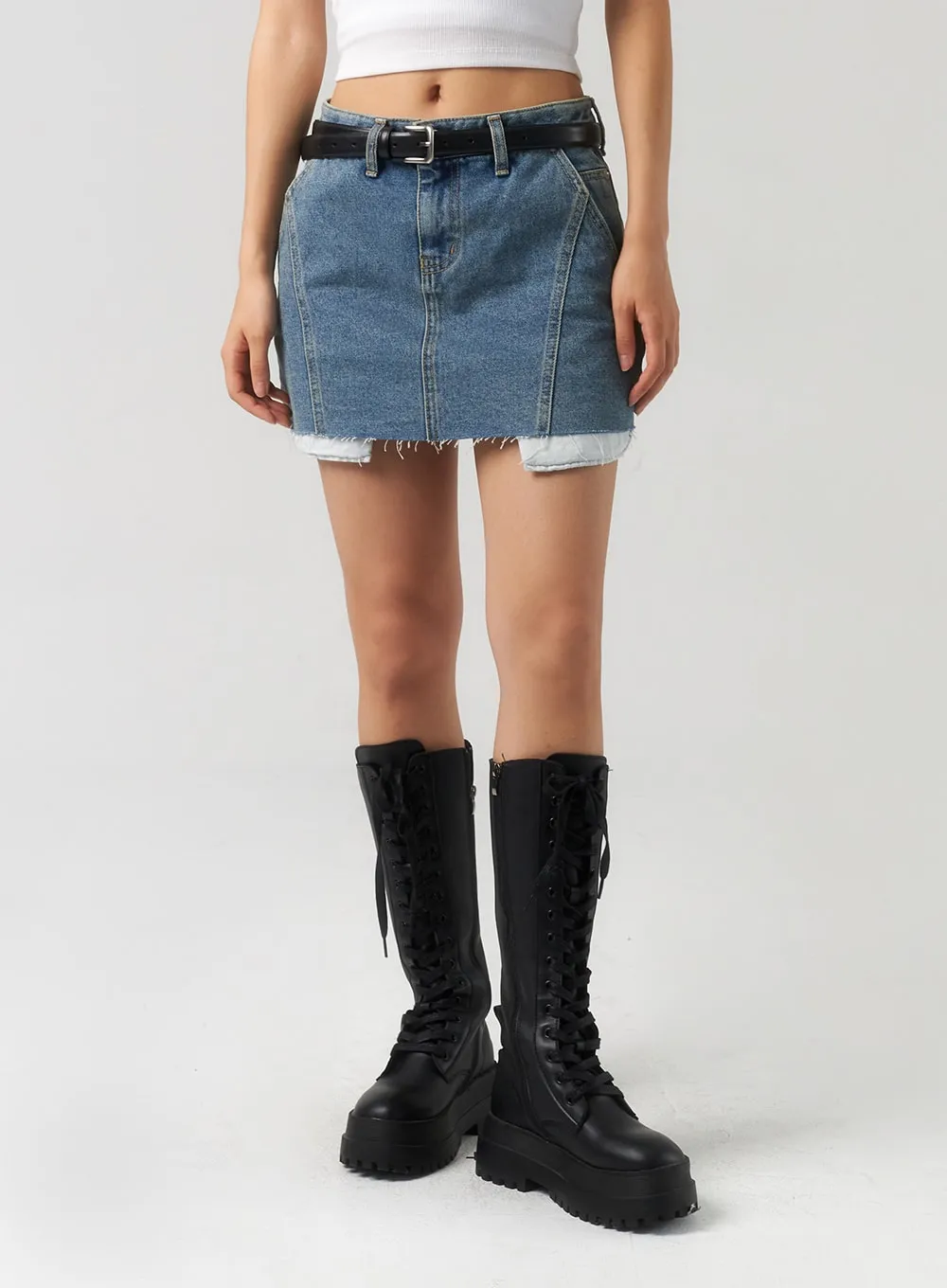 Ripped Hem Denim Mini Skirt CU326